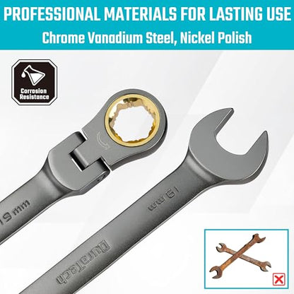 DURATECH Anti-Slip Flex-Head Ratcheting Wrench Set, 12-Piece, Metric | 72-Tooth, 8-19 mm, CR-V Steel, Storage Case Included
