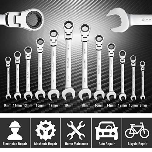 DURATECH Flex-Head Ratcheting Wrench Set, Combination Wrench Set, 72 Tooth, Metric, 12-piece, Size Covers 8-19mm, CR-V Steel, with Rolling Pouch | 72 Tooth, CR-V Steel, Combination Wrench Set, Rolling Pouch - style: 12-Piece Set