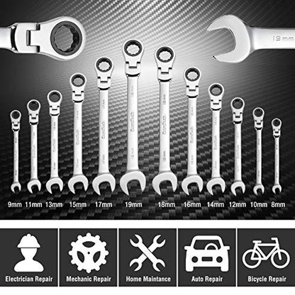 DURATECH Flex-Head Ratcheting Wrench Set, Combination Wrench Set, 72 Tooth, Metric, 12-piece, Size Covers 8-19mm, CR-V Steel, with Rolling Pouch | 72 Tooth, CR-V Steel, Combination Wrench Set, Rolling Pouch - style: 12-Piece Set