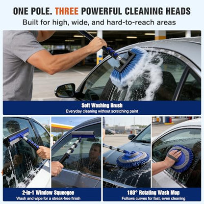 20FT Car Wash Brush with Long Handle - Car Cleaning Kit with 8 Attachments, 180° Rotating Mop, Foldable Bucket, Scratch-Free Soft & Hard Brushes for Cars, Trucks, SUV, RV, Home Windows & Siding - size: 20FT