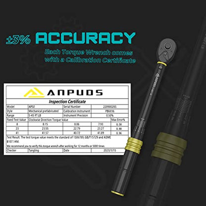 ANPUDS 3/8" Click Torque Wrench, 5-45 Ft-Lb/6.8-61 Nm, Lightweight Aluminum | ±3% Accuracy, Small Mini, 72-Tooth Reversible Ratchet, Dual Scale, for Bike, Motorcycle, Auto Spark Plug Repair, DIYers - size: 5-45 ft-lb / 6.8-61 Nm