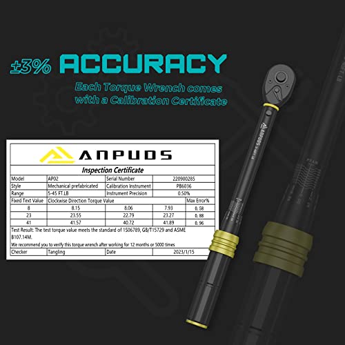 ANPUDS 3/8" Click Torque Wrench, 5-45 Ft-Lb/6.8-61 Nm, Lightweight Aluminum | ±3% Accuracy, Small Mini, 72-Tooth Reversible Ratchet, Dual Scale, for Bike, Motorcycle, Auto Spark Plug Repair, DIYers - size: 5-45 ft-lb / 6.8-61 Nm