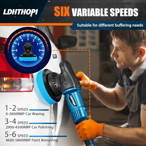 LDHTHOPI Dual Action Polisher, 980W 5/6 Inch, 9MM Random Orbital Buffer Polisher for Car Detailing, 2800-5800RMP, 6 Variable Speed Buffer Polisher with 8 Detachable Pads - size: 980W Dual Action Polisher