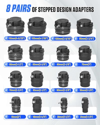 Turbo Boost Leak Tester Kit 19PC Boost Leak Test Kit w/S.moke Adpt Turbo System Pressure Leakage Tester 8 Pairs of Stepped Adapters 1-1/5" to 4-8/25" Turbo Test Kit for Radiator Cooling Emission Pipes - style: 19PCS