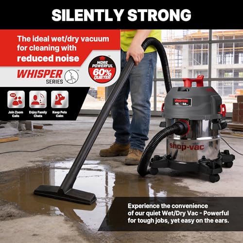 Shop-Vac 5 Gallon Ultra Quiet Shop Vacuum Wet and Dry, 4.5PHP Stainless Steel Tank Wet/Dry Vacuum with Attachments, 1-7/8 In x 7 Ft Hose, 15 Ft Cord, Ideal for Jobsite, Garage, Workshop & Home 5430542