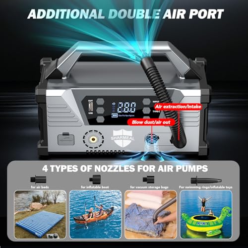 Sharmeal Jump Starter with Air Compressor，9000A Car Battery Jump Starter (All Gas/12.0L Diesel)，200PSI Car Battery Jumper Starter Portable 12V Jump Box with Jumper Cables, LED Light