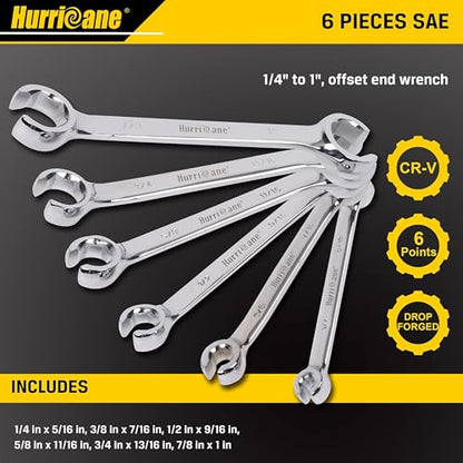 HURRICANE Flare Nut Wrench Set, SAE 6 Piece Brake Line Wrench Set | 1/4 to 1 Inch, 15 Degree Offset Double Open End, Organizer Pouch, Fuel Tube Repair