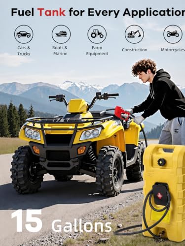 15 Gallon Gas Can, Fuel Tank Container with Fluid Transfer Manual Siphon Pump & 10FT Hose, Portable Diesel Gas Storage Caddy with Wheels for Car, ATV, Weeder, Boat - color: Yellow