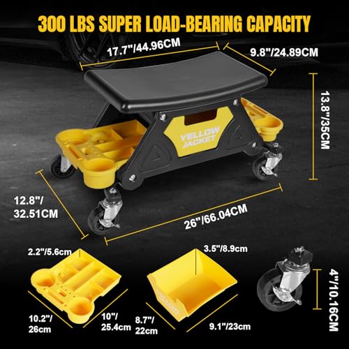 YELLOW JACKET Rolling Mechanic Seat with Drawer & Trays, 300lb, Garage Shop | Two tool trays & drawer for storage. Smooth casters, padded seat, 300 lb capacity. Great for auto repair, workshop & garage.