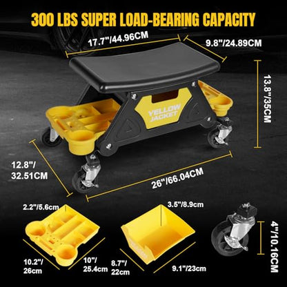 YELLOW JACKET Rolling Mechanic Seat with Drawer & Trays, 300lb, Garage Shop | Two tool trays & drawer for storage. Smooth casters, padded seat, 300 lb capacity. Great for auto repair, workshop & garage.