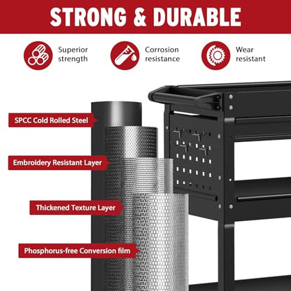 3 Tier Rolling Cart, Heavy Duty Utility Industrial Service Carts on Wheels, Metal Tool Cart with Locked Drawers, Ideal for Garage, Warehouse and Repair Shop（Black） - color: Black