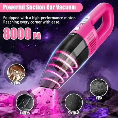 Car Cleaning Kit, Car Vacuum Interior Detailing Cleaner Kit with High Power Handheld Vacuum, Brush Set, Windshield Tool, Duster, Towels, Complete Car Care Tools for Women (Pink) - color: Pink