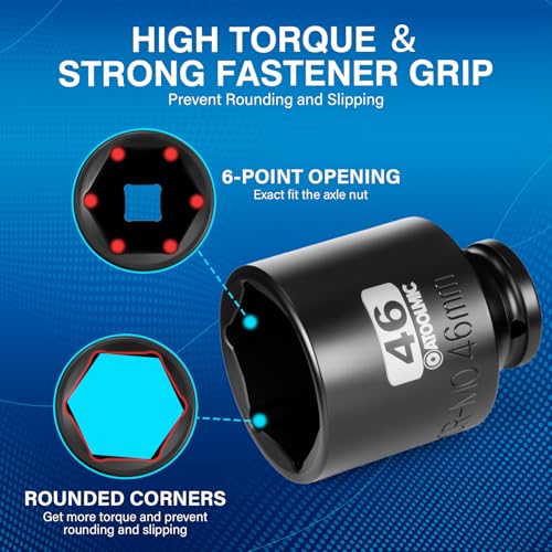 1/2 Inch Drive x 46mm Deep 6PT CR-MO Impact Socket for Removing Axle nut | Metric Socket,6-Point Radius Corner Design,Two Size Markings,Square Chamfered Opening,For Removal of Axle Nut - size: 46 mm, style: 1/2" Drive Deep Socket