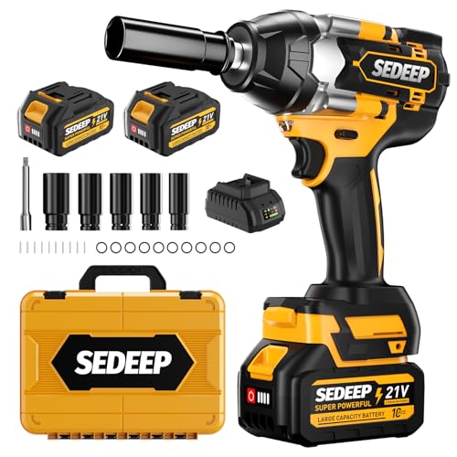 Impact Wrench 1/2 Inch, High Torque Impact Gun with 1500N·m(1100 Ft-lbs), 21V Brushless Electric Impact Wrench with 2 * 40Ah Battery, 5 Sockets for Car/Mower/Pickup/Truck RV（Amber yellow）