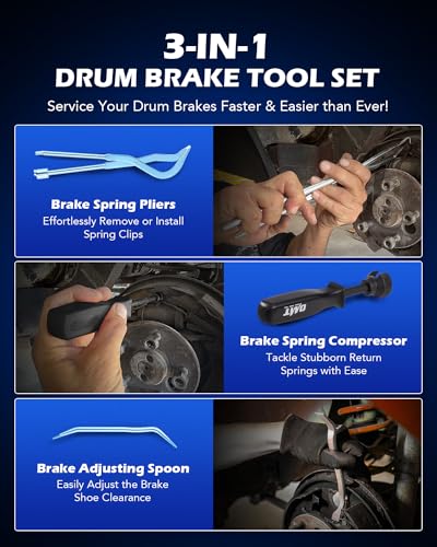 Orion Motor Tech Drum Brake Tool Kit, 3 pc Drum Brake Adjustment Tool Set with Brake Spring Compressor Tool and Brake Spoon, Double Ended Brake Spring Pliers for Brake Spring Removal and Installation