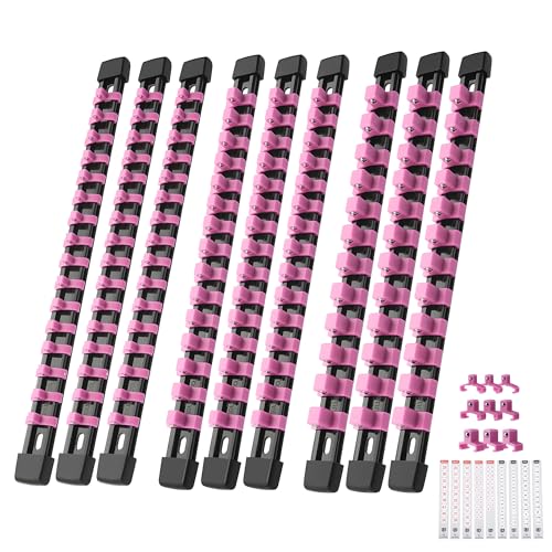Reniteco 9-Pack Socket Organizer Set, 1/4" x 48 3/8" x 45 1/2" x 36 Clips | 129 Clip Capacity, Havy-Duty ABS Socket Rails, Removable Clips, Drive Socket Storage, Toolbox Drawer or Wall Mount - color: Pink, size: 9 Pcs