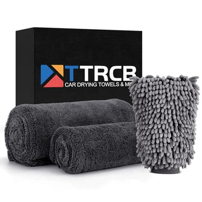 TTRCB 2 Pack Car Drying Towel, 1300 GSM Microfiber Towels for Cars (36" x 24" & 16" x 16"), Car Wash Mitt, Ultra-Absorbent, Streak Free, Car Wash Kit, Car Cleaning Detailing Supplies for SUVs, Trucks