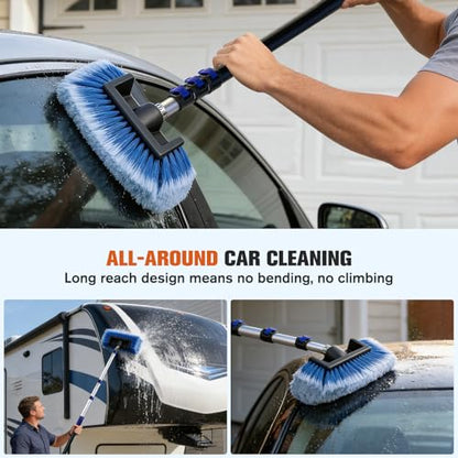 20FT Car Wash Brush with Long Handle - Car Cleaning Kit with 8 Attachments, 180° Rotating Mop, Foldable Bucket, Scratch-Free Soft & Hard Brushes for Cars, Trucks, SUV, RV, Home Windows & Siding - size: 20FT