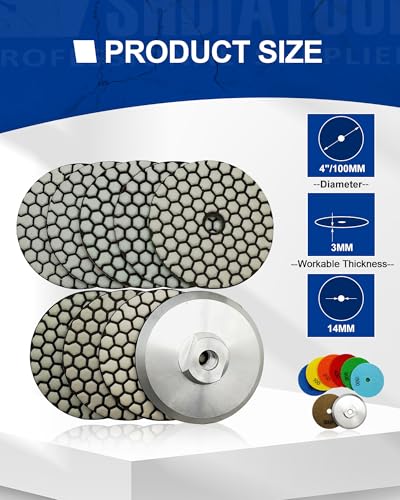 SHDIATOOL Dry Diamond Polishing Pads 4 Inch Set of 7 Pieces Plus Alu Backer for Granite, Marble, Stone Sanding and Grinding - style: Mixed Grits+Alu backer