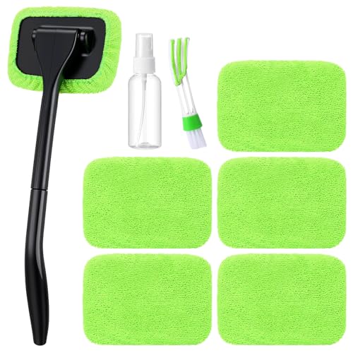 FoldTier 8 Pcs Car Windshield Cleaner Tool Kit with Removable Handle, Microfiber Towel Pads, Brush, Empty Spray Bottle for Auto Glass Wiper Suvs Rvs & Home Windows(Green) - color: Green