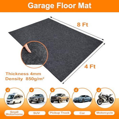 4FT × 8FT Heavy Duty 4mm/0.16’’ Thickness Oil Spill Mat Washable 850g/m² Felt Oil Drip Mat for Garage Driveway Reusable Waterproof Garage Mats for Floor Under Car Anti-Slip TRP Bottom Work Mat - size: 4’ × 8’（Rectangular）