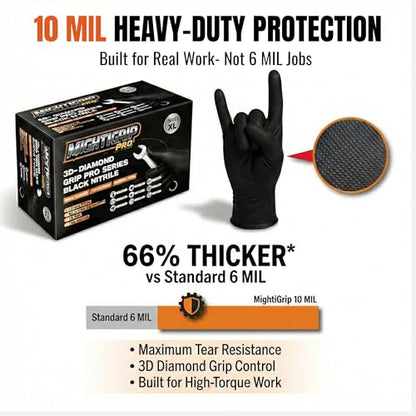 10 Mil Heavy-Duty Black Nitrile Gloves, Diamond Grip, Mechanic Grade, Latex & Powder Free, 1000 Count Bulk - size: X-Large