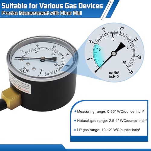 Boltigen Gas Pressure Tester Kit, 0-35" W.C Manometer for Natural Gas & Propane, HVAC Furnace Fireplace Gas or LP Valve Manifold Pressure Test Kit with 1/8" NPT, 1/4" NPT Barb Adapter and 40" Hose