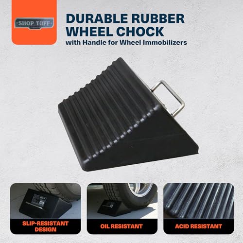 Shop Tuff Rubber Wheel Chock with Wide Handles, Curved Surface, and Resistant to Slip Design for Automotives, Wheel Immobilizers, and Chocks, Black