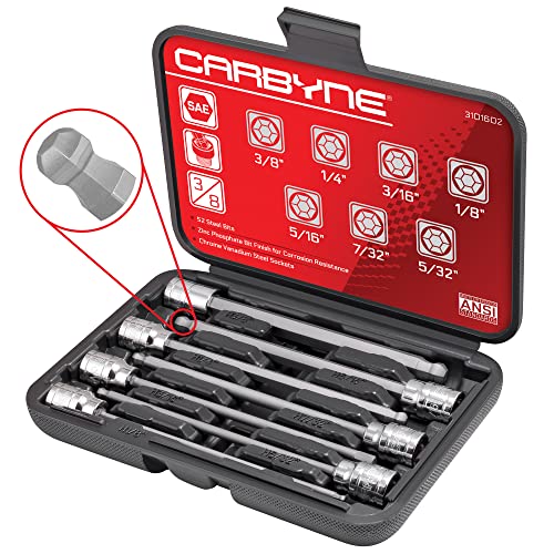 CARBYNE 7-Piece Extra Long Ball End Hex (Allen) Bit Socket Set, SAE 1/8 in. to 3/8 in., 3/8 in. Drive, S2 Steel, CrV Sockets, Zinc Phosphate Bit Finish, 6.1 in. Length, Durable Case - style: SAE, Ball-End