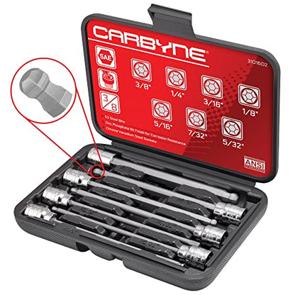 CARBYNE 7-Piece Extra Long Ball End Hex (Allen) Bit Socket Set, SAE 1/8 in. to 3/8 in., 3/8 in. Drive, S2 Steel, CrV Sockets, Zinc Phosphate Bit Finish, 6.1 in. Length, Durable Case - style: SAE, Ball-End