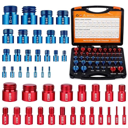 44PCS Nut and Bolt Thread Checker Standard 23 Inch & 21 Metric Bolt Nut Thread Measure Gauge Checker Box Set Bolt Size Finder for Size Check on Tricky and Narrow Area