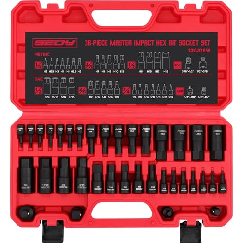 Hex Bit Impact Socket Set: 36-Piece with 4 Adapters, 1/4" 3/8" 1/2" Drive Master Allen Impact Socket Set, SAE and Metric, H5-H19 & 3/4"-5/64", Heavy Duty Storage Case, Automotive Mechanic - style: 36-Piece Hex Impact (SAE/Metric)