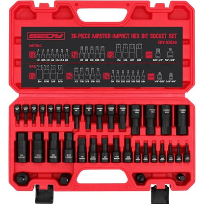 Hex Bit Impact Socket Set: 36-Piece with 4 Adapters, 1/4" 3/8" 1/2" Drive Master Allen Impact Socket Set, SAE and Metric, H5-H19 & 3/4"-5/64", Heavy Duty Storage Case, Automotive Mechanic - style: 36-Piece Hex Impact (SAE/Metric)