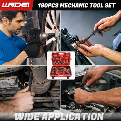 LLNDEI 160Pc Mechanics Socket Set 1/2 1/4 3/8" Drive Metric | CR-V Deep & Shallow Sockets, Metric, Quick Release Ratchet, Professional Tool Kit for Auto Repair, Truck, Garage & Home DIY - size: 160-Piece 1/2" & 3/8" & 1/4" Drive Socket Set