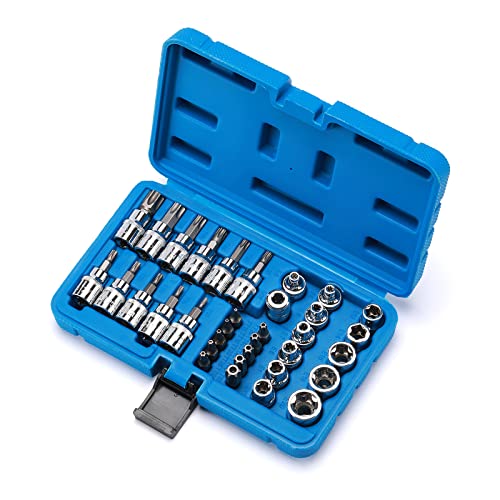 CASOMAN 34 Pieces 3/8-Inch Drive Torx Bit Socket and E-Torx (Star) Socket Set, CR-V & S2 Steel, E4-E20, T10-T60, Tamper Proof TT10-TT55, 5/16"F to 3/8"M Adapter