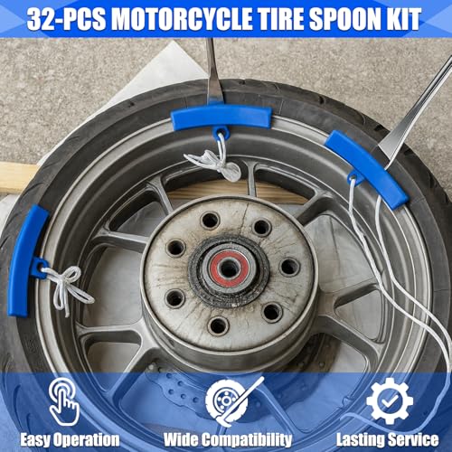 Tire Spoons, 32Pcs Tire Changing Tool with Rim Protectors, Valve Tool, Valve Cores, Valve Stems, Valve Caps, Storage Bag, 15" Tire Spoon Kit for Motorcycle Dirt Bike Lawn Mower Tractor Bicycle