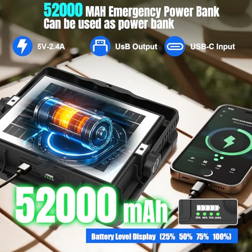 600W Solar 52000MAh Rechargeable Work Light, 600 LED 52000LM Portable Flood Light with Stand＆infinitely dimmable Function, IP66 Waterproof 3 Modes LED Job Site Lighting Flashlights for Mechanic Car - color: Black