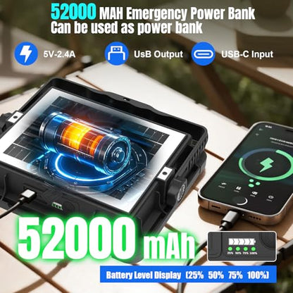 600W Solar 52000MAh Rechargeable Work Light, 600 LED 52000LM Portable Flood Light with Stand＆infinitely dimmable Function, IP66 Waterproof 3 Modes LED Job Site Lighting Flashlights for Mechanic Car - color: Black