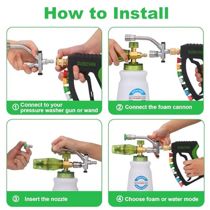 DUSICHIN Foam Cannon Pressure Washer Gun Kit 4000 PSI Double Tip Attachment, Dual-Connector Accessory Soap Cannon,Car Wash Foam Gun Snow Foam Lance 1/4 Inch Quick Connector,7 Sprayer Nozzles DUS2904