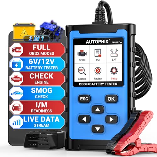AUTOPHIX 2 IN 1 OBD2 Scanner with Battery Tester, BAS300 Plus 12V 100-2000 CCA Battery Charging Cranking Test Car Code Reader, Full OBD2 Diagnosis Check Engine Diagnostic Scan Tool Battery Load Tester - color: Lake Blue