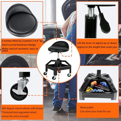 Garage Shop Rolling Seat, Heavy Duty Adjustable Rolling Mechanic Stool with Lockable 360° Wheels, 350 Lbs Capacity, Work Stool with Tool Tray for Garage & Workshop
