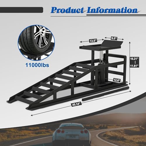 Hydraulic 5T/11000lbs Capacity Car Ramps - Set of 2, High Lift Steel Service Ramps for Maintenance & Oil Changes, Low Profile Garage Vehicle Lift, Adjustable 11.61-16.21 in, Black, A Pair - color: Black