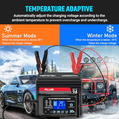 20Amp: 12/24V Smart Car Battery Charger – Automatic Maintainer, Trickle Charger & Desulfator with Overcharge Protection & Temperature Compensation – for Lead-Acid & Lithium & LiFePO4 Batteries - color: Black
