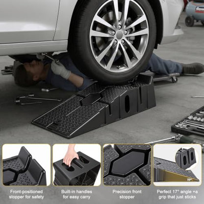 Heavy Duty Car Ramps for Oil Changes 5000lbs Capacity 2pcs Set Portable Vehicle Lifting Equipment 17 Degree Low Profile Incline Non Slip Tread PP Garage Tool Black