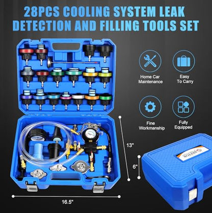 JIFETOR 28PCS Radiator Pressure Leak Test Pneumatic Coolant Refill Tool Kit | Auto Cooling System Leakage Tester and Water Tank Pneumatic Vacuum Purge Filling Set Universal for Airlift Car Auto Truck - color: Blue Case