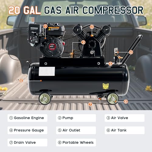 Albott 6.5HP Gas Air Compressor, 20 Gallon Portable Horizontal Tank | 196cc Loncin Engine Max 115PSI Pressure Pneumatic Tool Compatible Commercial and Residential Use - size: 20 Gal