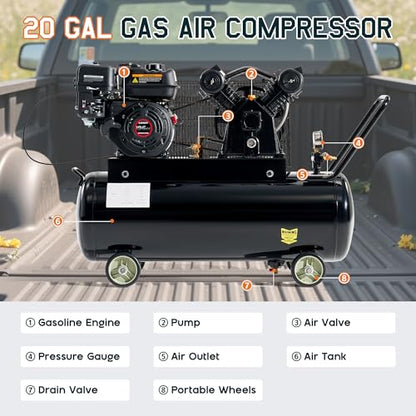 Albott 6.5HP Gas Air Compressor, 20 Gallon Portable Horizontal Tank | 196cc Loncin Engine Max 115PSI Pressure Pneumatic Tool Compatible Commercial and Residential Use - size: 20 Gal