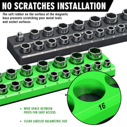 Magnetic Socket Organizer Holder Set For Tool Box Drawer, Toolbox Organization Including 1/4", 3/8" and 1/2" Drive Metric SAE Socket Trays (Sockets are not Included) - color: Green+Black