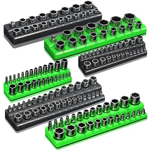Magnetic Socket Organizer Holder Set For Tool Box Drawer, Toolbox Organization Including 1/4", 3/8" and 1/2" Drive Metric SAE Socket Trays (Sockets are not Included) - color: Green+Black