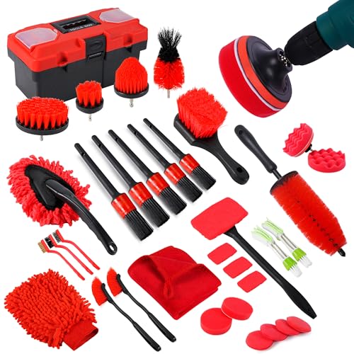 35Pcs Car Detailing Kit & Car Cleaning Kit, B：35PCS-R | Windshield Tool, Long Wheel Brush & 2 Angled Brushes, 4 Polishing Pads & 4 Wax Pads, Red Tool Box, Gift for Men